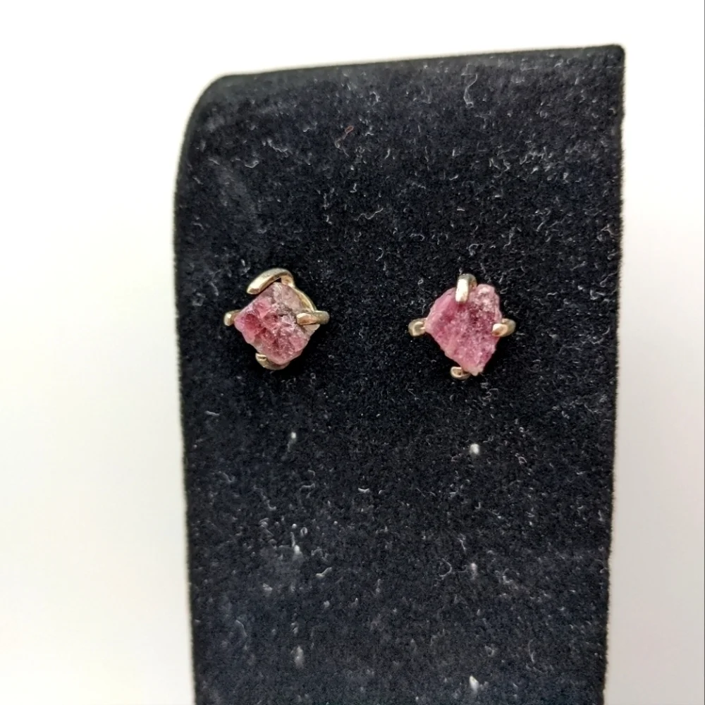 Raw Pink Tourmaline 925 Silver Stud Earrings NIB
